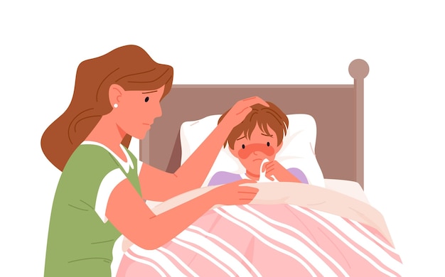 Vecteur mère et fils malade avec grippe froide fièvre malade illustration vectorielle dessin animé enfant fiévreux couché dans son lit