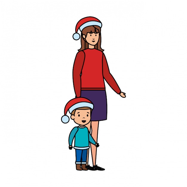 Mère Et Fils Avec Des Vêtements De Noël