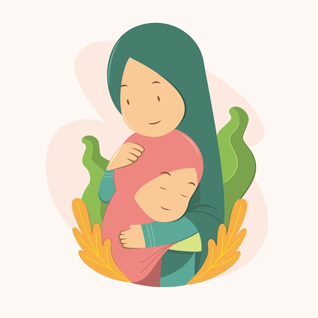 Vecteur mère en hijab et fille étreignant