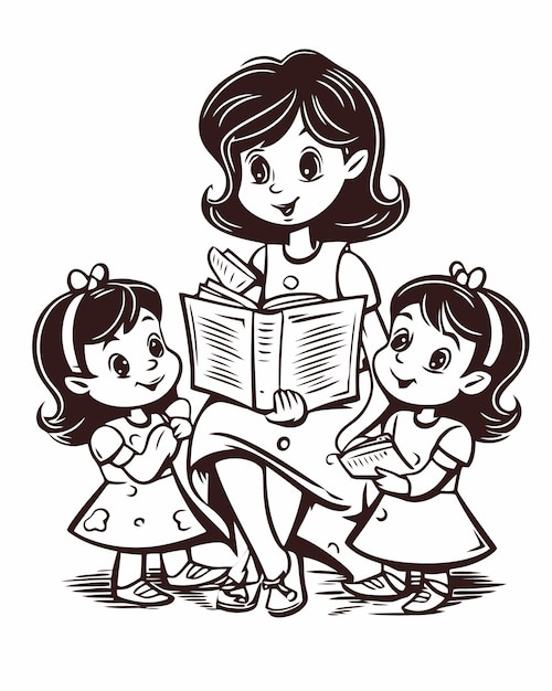 Une Mère Lisant Un Livre à Ses Deux Petites Filles.