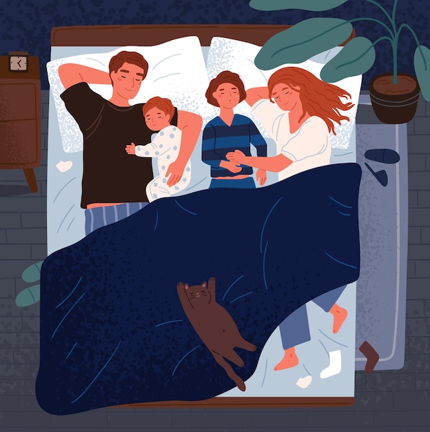 Mère, Père Et Enfants Dormant Ensemble Sur Un Lit. Maman, Papa Et Enfants S'embrassent Et Sommeillent La Nuit