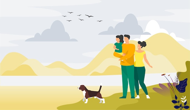 Vecteur mère, père et fille, avec un chien et des enfants marchant à proximité de la rivière bonne illustration familiale.