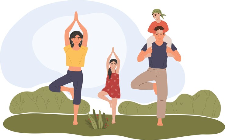 Vecteur mère père fille et fils pratiquant le yoga ensemble en pose d'arbre entourés d'une verdure luxuriante dans un parc chérissant un temps de qualité et adoptant un style de vie actif et sain
