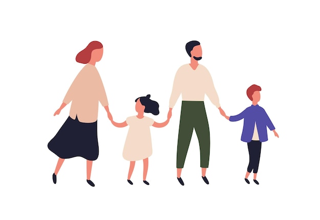 Mère, père, fils et fille. Portrait de famille moderne avec enfants marchant ensemble