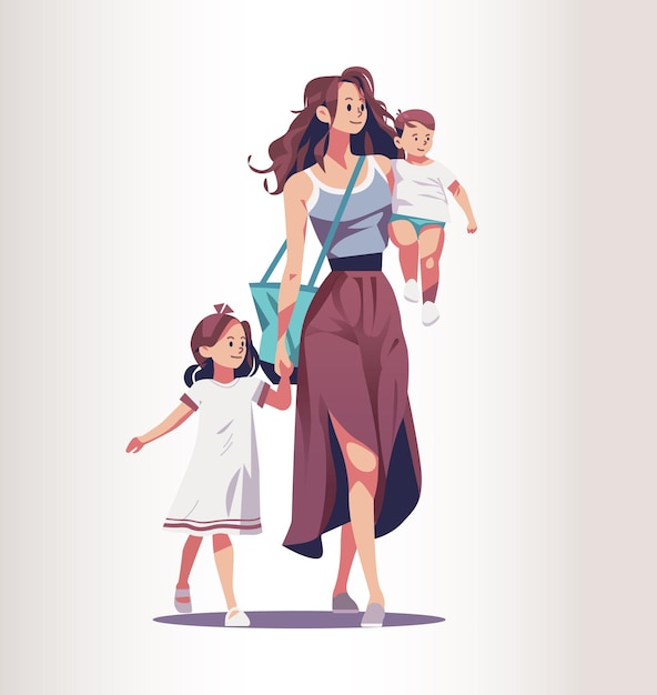 Mere et petits enfants marchant ensemble maman emmenant sa fille et son fils a l ecole ou a la maternelle maternite famille heureuse Vecteur Premium