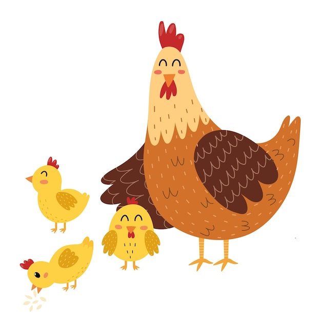 Mère Poule Avec Ses Poussins. Personnages Mignons D'animaux De Ferme - Maman Et Son Enfant. Impression Fête Des Mères