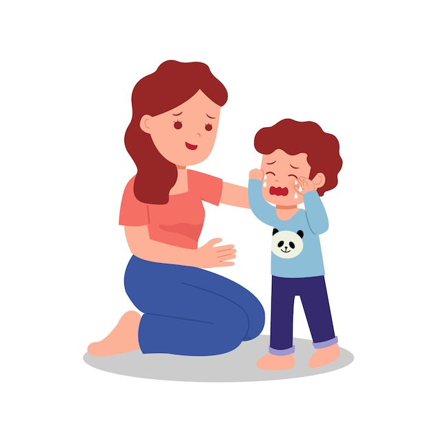 Mère Réconfortant Son Fils En Pleurs. Parent Avec Enfants. Clipart De Parentage.