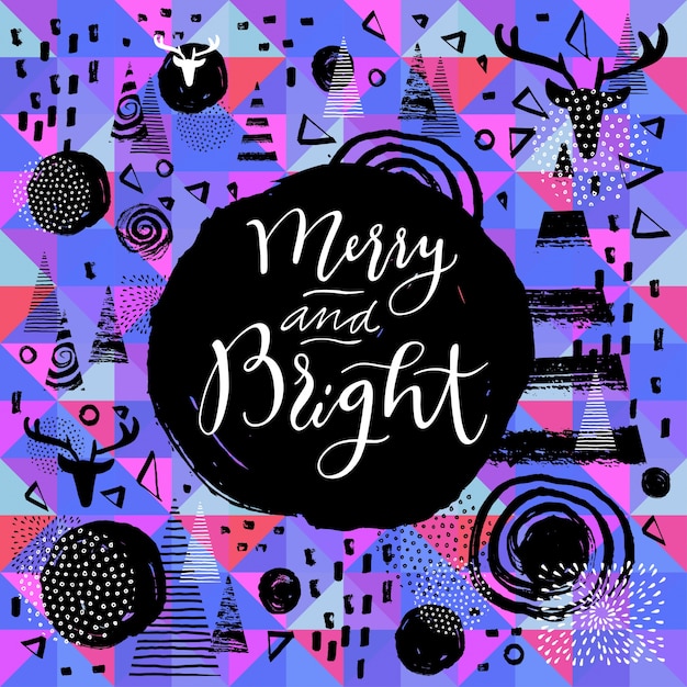 Merry And Bright Dessinés à La Main Carte De Voeux Calligraphique