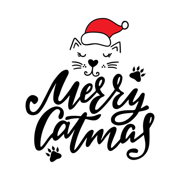 Merry Catsmas lettrage calligraphie avec visage de chat. Illustration vectorielle drôle de Noël.