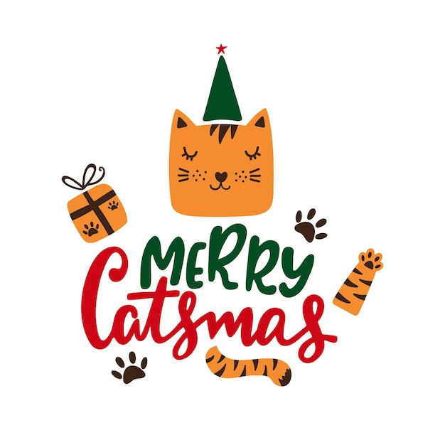 Merry Catsmas lettrage calligraphie avec visage de chat. Illustration vectorielle drôle de Noël.