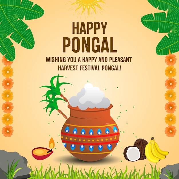 Un message d'accueil d'Happy Pongal illustratif moderne vert et brun sur Instagram
