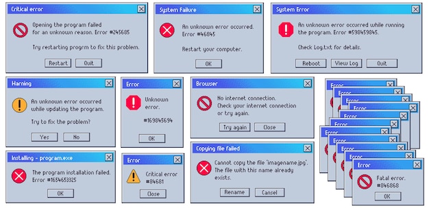 Message d'erreur rétro. Ancienne fenêtre de défaillance du système d'interface utilisateur, messages d'erreurs fatales et critiques.