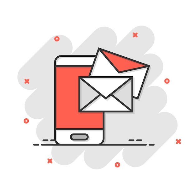 Message sur l'icône du smartphone dans le style comique Mail avec téléphone illustration vectorielle de dessin animé sur fond blanc isolé Effet d'éclaboussure de l'enveloppe concept d'entreprise
