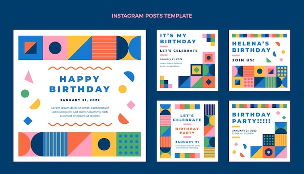Message instagram d'anniversaire de mosaïque de conception plate