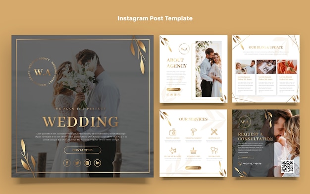 Vecteur message instagram de mariage doré de luxe réaliste