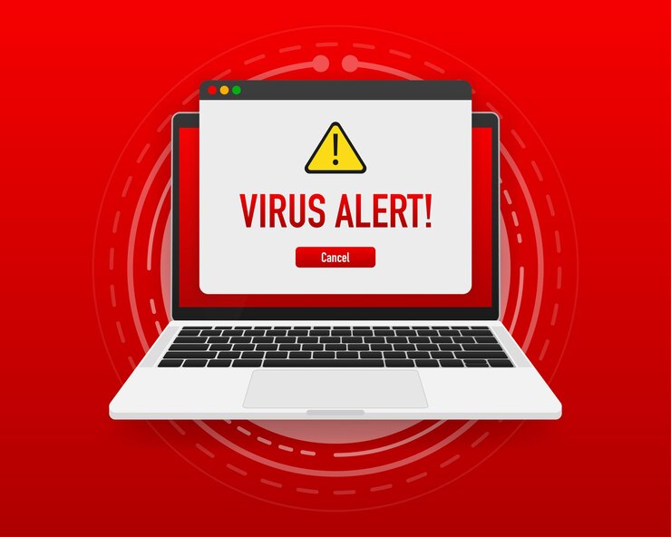 Message rouge d'alerte de virus sur la fenêtre du navigateur. Étiquette de signe de virus isolée sur l'ordinateur à écran. Illustration vectorielle.