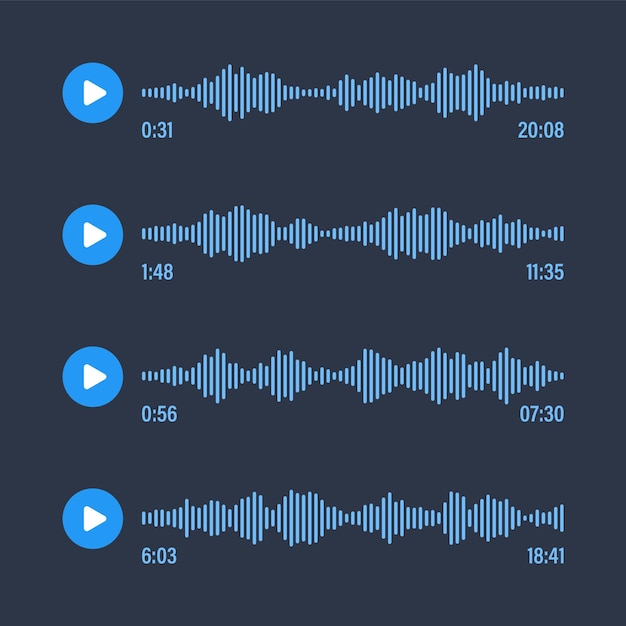 Vecteur message vocal conversation de chat sur les médias sociaux appli de messagerie lecteur de musique élément d'interface d'éditeur audio ou vidéo enregistreur d'assistant vocal patron d'onde sonore mode sombre illustration vectorielle