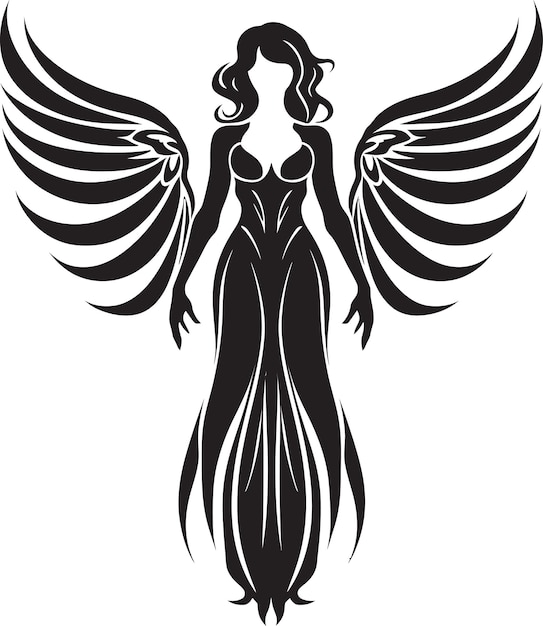 Vecteur le messager céleste a des ailes noires, le symbole de l'harmonie divine, la conception de l'emblème angélique.