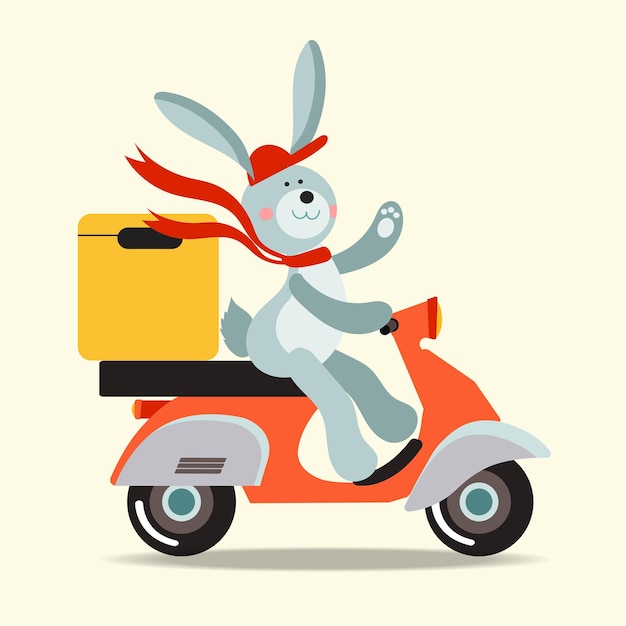 Messager De Lapin Sur Un Cyclomoteur Illustration Dans Un Style Plat