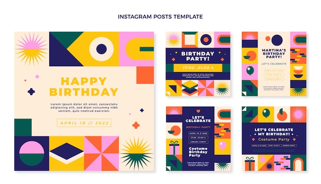 Messages instagram d'anniversaire de mosaïque de conception plate