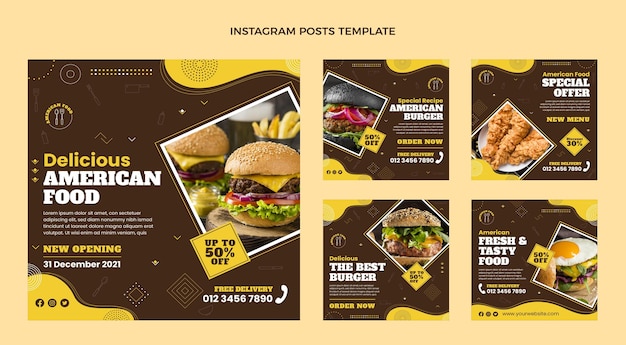 Vecteur messages instagram de cuisine américaine au design plat