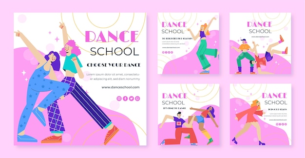 Vecteur messages instagram de l'école de danse design plat