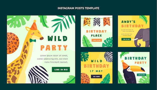 Messages instagram de fête d'anniversaire dans la jungle au design plat