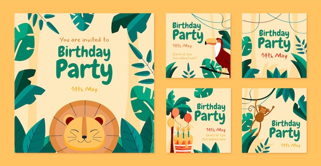 Vecteur messages instagram de fête d'anniversaire dans la jungle au design plat