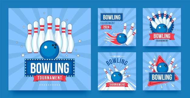 Vecteur messages instagram de jeu de bowling dessinés à la main