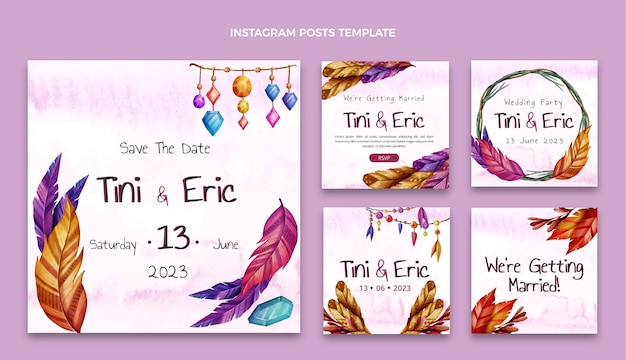 Vecteur messages instagram de mariage boho aquarelle