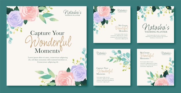 Vecteur messages instagram de mariage floral aquarelle