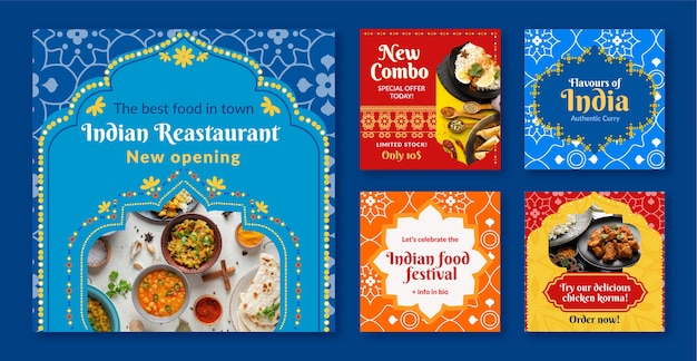 Vecteur messages instagram de restaurant indien design plat