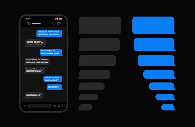 Vecteur messenger ui et ux concept avec interface sombre smart phone avec écran de chat messenger bulles de modèle sms pour composer des dialogues illustration vectorielle