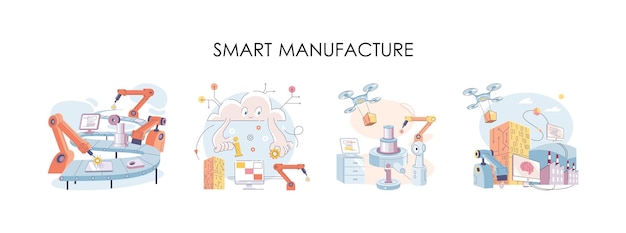 Vecteur métaphore de développement de l'automatisation de la fabrication intelligente conception de produits innovants de l'industrie intelligente processus de fabrication automatisé de la ligne de production livraison et distribution robots industrie des machines 40