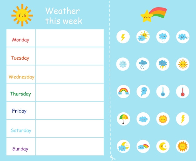Vecteur météo cette semaine modèle pour les enfants. carte météo.