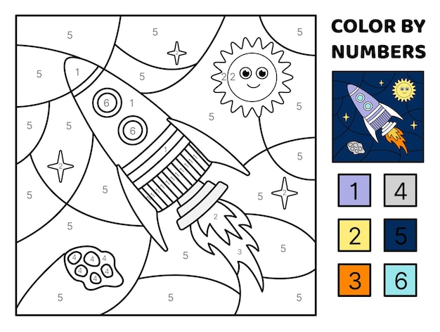 Vecteur météore solaire de fusée violette dans l'espace couleur par numéro espace page de coloriage jeu pour enfants cartoon