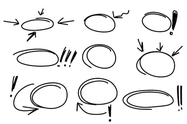 Mettez en surbrillance les cadres de stylo marqueur ovale les flèches soulignent les lignes Ensemble de cercles de doodle dessinés à la main