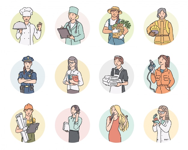 Mettre Autour Des Femmes Différentes Professions. Illustration De Personnes De La Fête Du Travail Dans Le Style D'art En Ligne En Uniforme Professionnel.