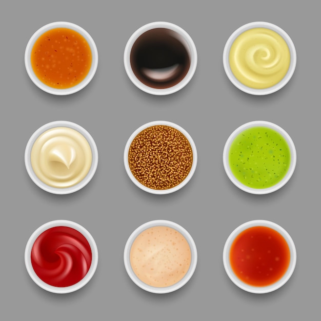 Mettre les sauces. Sirop liquide dans des bols ronds vue de dessus moutarde tomate ketchup wasabi mayonnaise chili illustrations vectorielles décentes ensemble réaliste. Sauce ketchup et mayonnaise, assaisonnement mayo ou yaourt