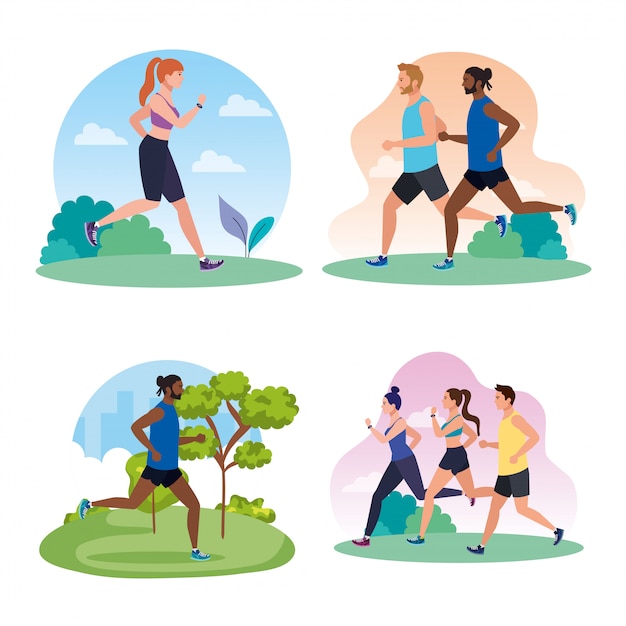 Mettre En Scène Des Gens De Jogging, Des Gens Qui Exécutent La Conception D'illustration