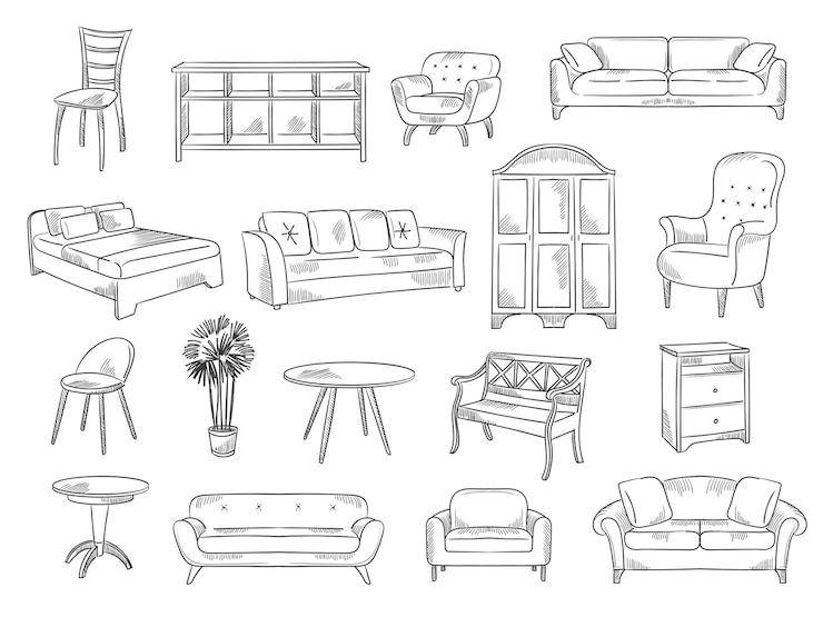 Vecteur meubles de croquis. objets d'intérieur modernes chaises lits dessins techniques pour projets de conception architecturale collection d'illustrations vectorielles récentes. intérieur de meubles, croquis de canapé moderne pour la maison