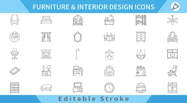 Meubles et design d'intérieur Icones de ligne Set de lits, de chaises, de tables, d'éclairage et plus encore