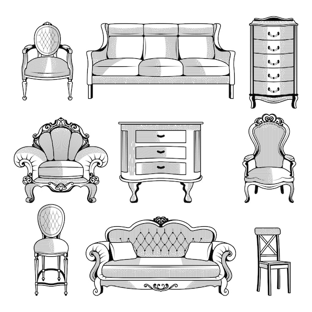 Vecteur meubles rétro intérieur vintage objets canapé chaise lit gravure images de garde-robe récentes vecteur illustrations dessinées à la main ensemble de meubles canapé et chaise fauteuil style isolé