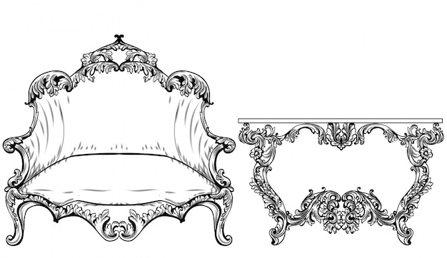 Vecteur meubles rococo baroque vecteur. riches ornements de roses impériales. décors royaux victoriens