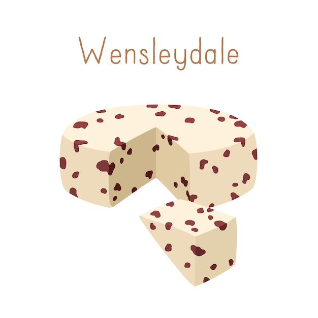 Meule De Fromage Anglais Gastronomique De Canneberge Wensleydale Avec Des Baies. Couper Un Morceau De Triangle De Délicieux Fromages Britanniques. Illustration Vectorielle Plane Colorée D'aliments Délicats Isolés Sur Fond Blanc.