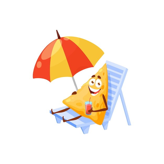Mexicain heureux dessin animé drôle nourriture nachos allongé sur une chaise longue sous parapluie avec cocktail dans les mains Vector été plage activité bain de soleil fastfood caractère fast food triangle nachos émoticône