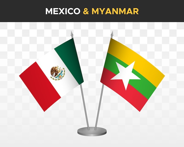 Mexique Vs Myanmar Birmanie Drapeaux De Bureau Maquette Isolé Illustration Vectorielle 3d Drapeau De Table Mexicain