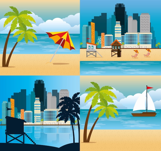 Miami Beach Cityscape Définir Des Scènes Vector Illustration Design