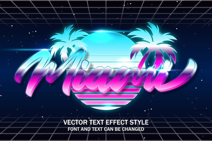 Vecteur miami night retrowave synthwave vibes typographie effet de texte modifiable conception de modèle de style de police