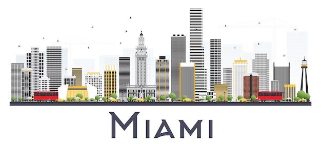 Miami USA City Skyline avec bâtiments gris isolé sur fond blanc. Illustration vectorielle. Concept de voyage d'affaires et de tourisme avec des bâtiments modernes. Paysage urbain de Miami avec des points de repère.